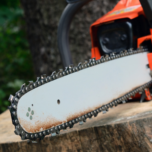 A close-up of a chainsaw.